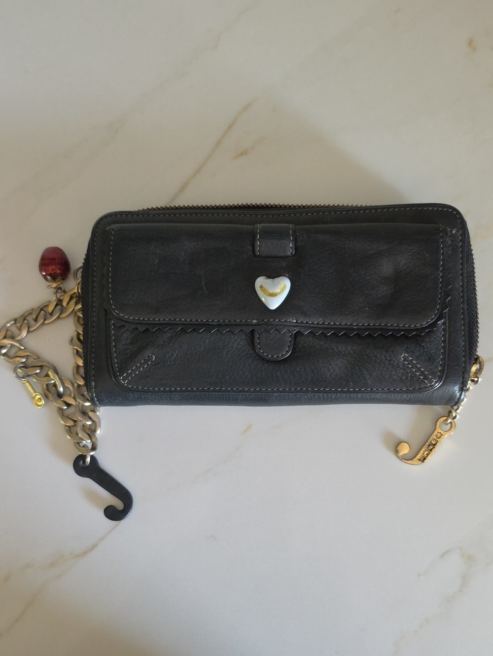 Bird by Juicy Couture Black Leather Wallet Clutch with Heart Charm